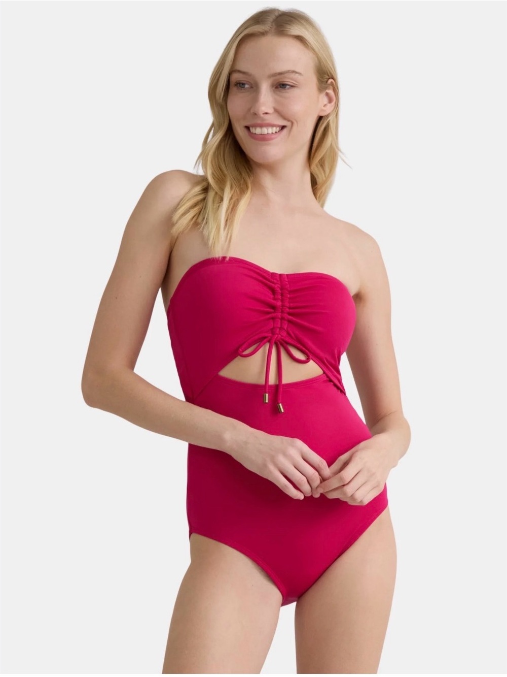 Strapless Ruched Front One-Piece Swimsuit - Fuchsia Pink